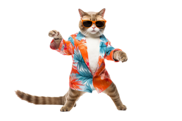 Fashionable full-body cat wearing sunglasses and stylish outfit with transparent background, PNG format for creative and fun design projects