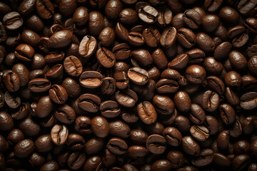 Fototapeta premium Brown Roasted Coffee Beans Closeup On Dark Background