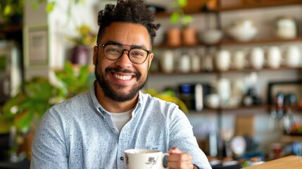 Energized Team Member Enjoying a Cup of Coffee during Break Time