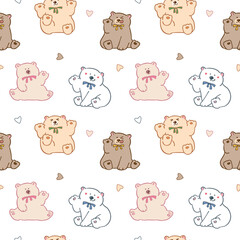 Seamless Pattern with Cute Cartoon Bear and Heart Design on White Background
