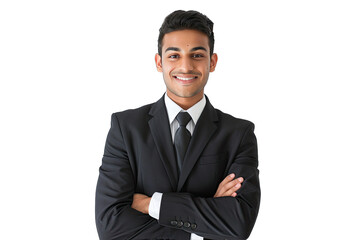 Confident Young Businessman in Black Suit Smiling with Arms Crossed transparent background