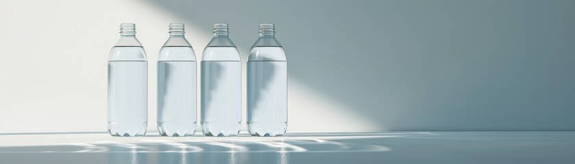 Four clear plastic water bottles arranged in a row with clean, minimalist background and natural light casting shadows.
