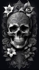 Obraz premium A creative skull tattoo design with beautiful flowers