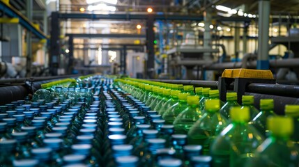 Plastic bottles are recycled at a modern facility, promoting sustainable waste management and reducing impact.