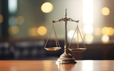 Balanced Scales of Justice in Warm Courtroom Light