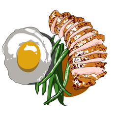 Grilled chicken slice with egg cartoon-style illustration tasty barbeque.