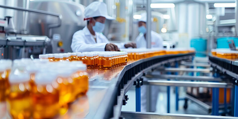 Advanced Bottling Technology Revolutionizes Drink Production in Modern Factories | Conveyor belt with bottles for juice or water at a modern beverage plant