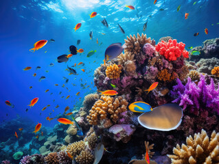 Naklejka premium Vibrant Underwater Coral Reef with Tropical Fish