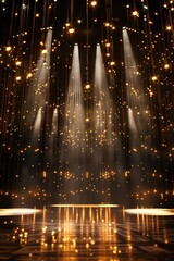 A dark stage with bright spotlights and lights, ideal for concerts or performances