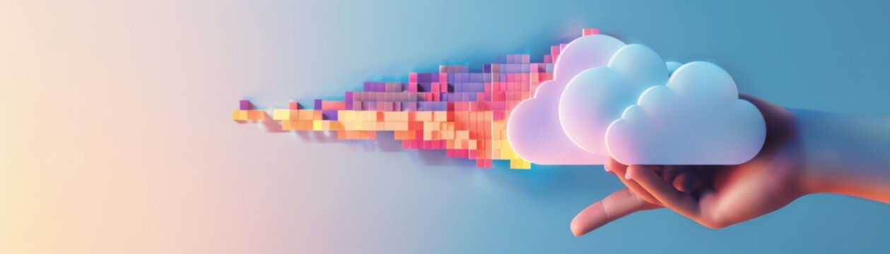Hand holding a digital cloud with vibrant data particles, representing cloud computing and data transfer technology concepts.