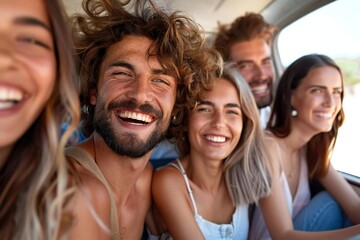 Fototapeta premium group of diverse friends smiling and laughing while sitting inside a car during a road trip.