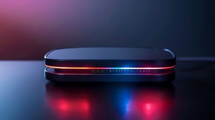 A futuristic device with red and blue lights glowing on a dark reflective surface.