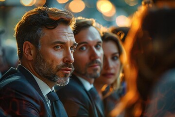 Obraz premium group of businesspeople looking at a businessman blaming his colleague in a tense meeting setting.