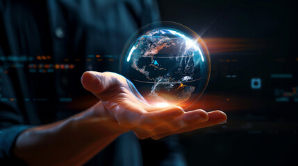 A hand holding a glowing orb depicting the earth, symbolizing global connection and technology.