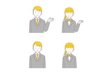 案内をする男女の学生の線画イラスト