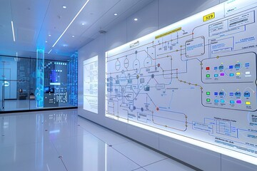 A high-tech room with an interactive digital whiteboard displaying intricate network diagrams and real-time data analytics, highlighting the intricacies of modern internet technology.