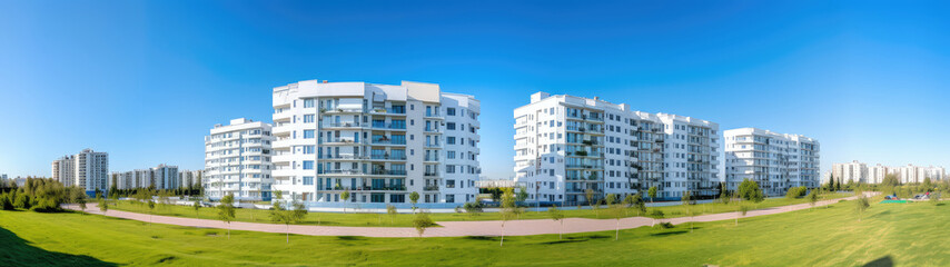Fototapeta premium Modern Apartment Complex on Sunny Day with Clear Skies