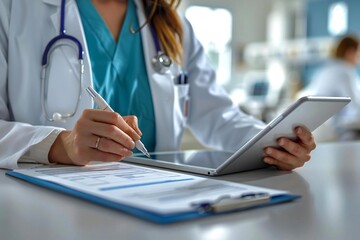 close-up shot of a female doctor filling out patient information on a digital tablet at her desk in a hospital.