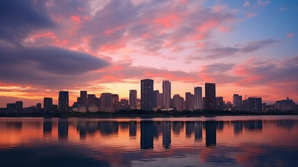 Obraz premium Majestic Sunset over Tranquil City Skyline