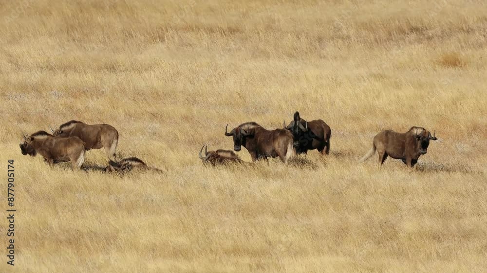 Sticker A herd of black wildebeest (Connochaetes gnou) in open grassland, Golden Gate Highlands National Park, South Africa