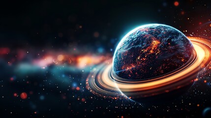 A vibrant, glowing planet with rings, set against a starry background