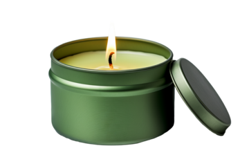 Green candle tin metal with lid flatlay on transparent background for elegant home decor, spa, aromatherapy, and relaxation projects