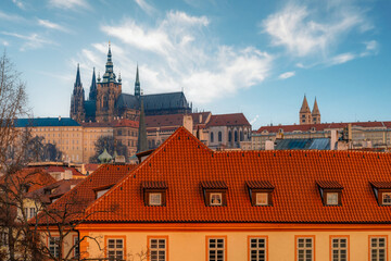 Obraz premium Prague castle from Old Town Bridge Tower on Charles bridge in Prague, Czech Republic.