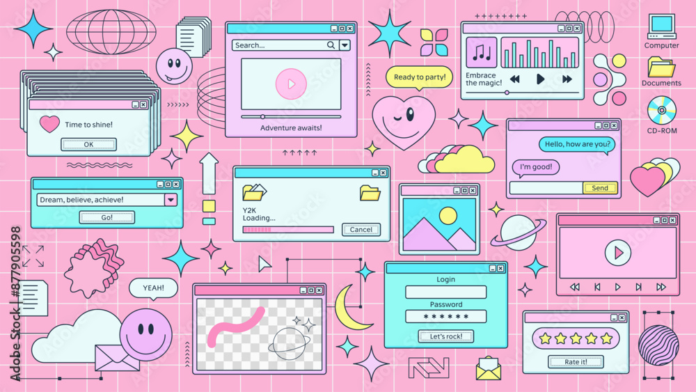 Poster Y2k retro browser window page with computer icons at pink grid background. Vector set of pop-up windows and screens with playful messages and nostalgic elements like stars, hearts and smile faces