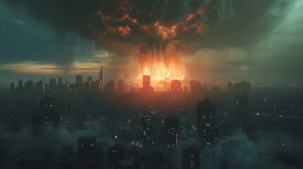 Fototapeta premium Nuclear war explosion mushroom rising up in city metropolis. Fiery cloud of atomic bomb detonation