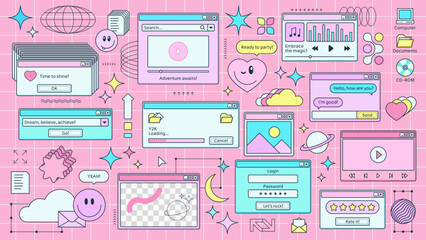 Y2k retro browser window page with computer icons at pink grid background. Vector set of pop-up windows and screens with playful messages and nostalgic elements like stars, hearts and smile faces © Vector Tradition