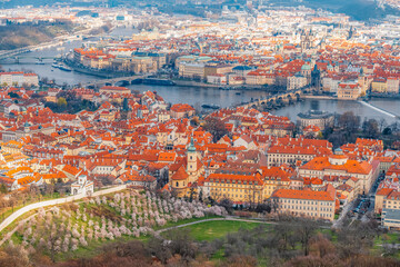 View on Prague city , charles bridge, vltava river  from Petrin Hill Tower in Czech Republic