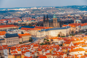 View on Prague city , charles bridge, vltava river and prague castle from Petrin Hill Tower in...