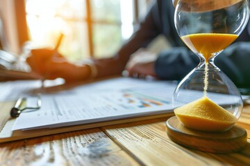 close-up shot of an hourglass placed in front of a businessperson calculating an invoice on their desk, symbolizing the pressure of deadlines and time constraints in financial management.