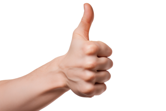 Hand showing thumbs up gesture in PNG style with transparent background, ideal for positive feedback, approval, and success concepts in design projects