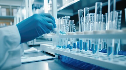 Scientist Analyzing Blue Chemical Samples in Lab