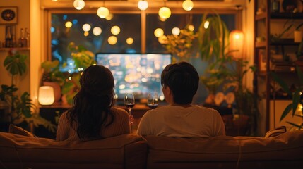 Happy loving Couple holding wine glasses on the sofa,Evening cozy watching a movie or TV series in the living room at home,romantic spending time together,Relaxation concept.