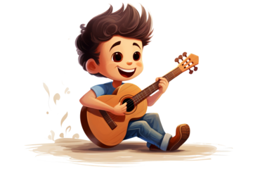 Joyful boy playing guitar in PNG style with transparent background, ideal for music-themed designs and creative projects