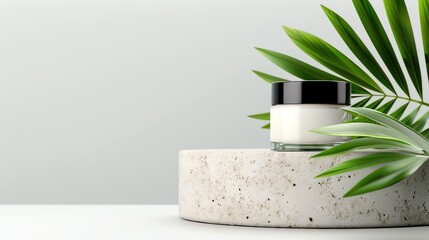 White cream jar with black lid on a concrete podium with a green palm leaf in the background.