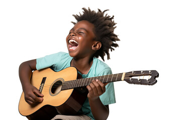 Joyful young boy playing guitar with enthusiastic expression, transparent PNG illustration, ideal for music and children's themes, high-quality graphic for digital and print design projects