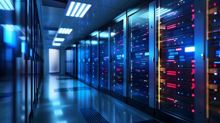 corridor data server room warehouse with advanced storage technology background,generative ai