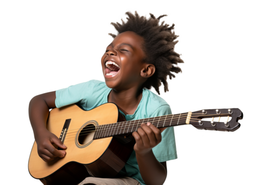 Joyful young boy playing guitar with enthusiastic expression, transparent PNG illustration, ideal for music and children's themes, high-quality graphic for digital and print design projects