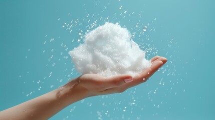 Fototapeta premium White soap bubbles in soft hands,Hands facing up and down with foam on both hands,Soap hands in the foam beauty health,enjoying home spa procedure, selective focus.