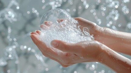 Fototapeta premium White soap bubbles in soft hands,Hands facing up and down with foam on both hands,Soap hands in the foam beauty health,enjoying home spa procedure, selective focus.