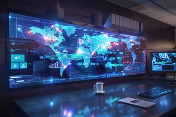 A high-tech workspace where a holographic interface displays an interactive world map with network nodes and data points, showcasing the interconnectivity of global digital networks.