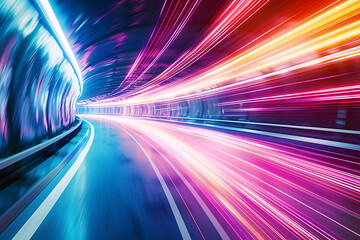 Dynamic abstract background with long neon lines glowing trails in a tunnel. Glowing abstract circular tunnel with speeding lines of light movement. Illustration for cover, brochure or presentation.