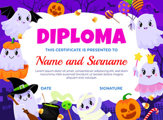 Halloween kids diploma with cute kawaii ghosts and holiday candies, vector certificate. Education diploma or graduation award with cartoon boo ghosts in witch hat with spooky pumpkin and cauldron