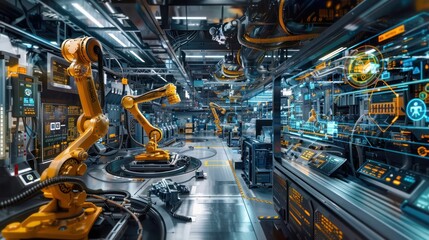 A panoramic view of an advanced digital manufacturing plant with IoT-enabled machinery, robotic arms, and real-time production monitoring systems, highlighting the future of industrial technology.