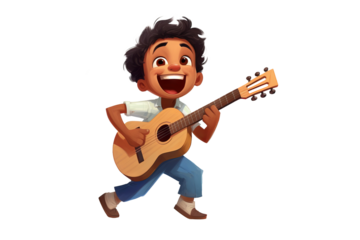 Joyful boy playing guitar in PNG style with transparent background, ideal for music-themed designs and creative projects