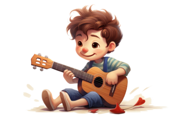 Joyful boy playing guitar in PNG style with transparent background, ideal for music-themed designs and creative projects