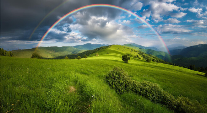Rolling meadow with rainbow clouds and hills